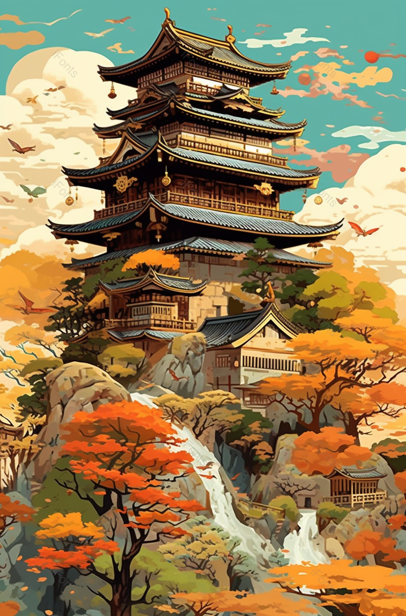 手绘红色渐变国潮风青山故宫远山仙鹤祥云,插画/手绘图,插画/手绘图库,插画/手绘图下载,插画/手绘